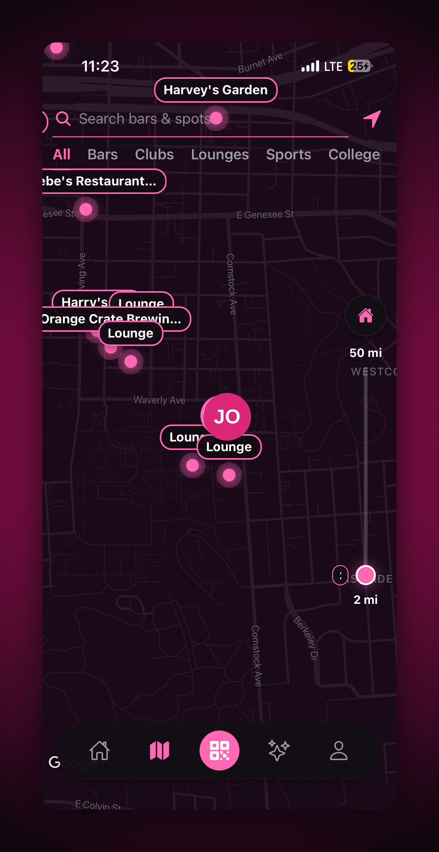 The Swiv app's live map screen, showing venue pins across Syracuse