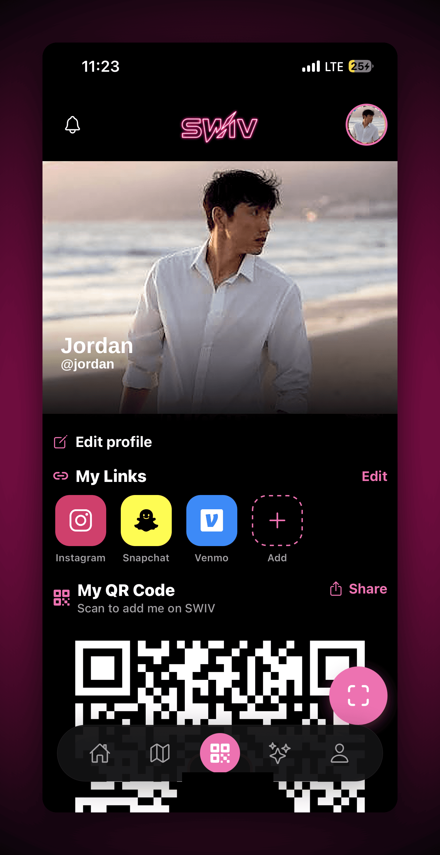 The Swiv app's profile screen, showing a personal QR code and linked social profiles