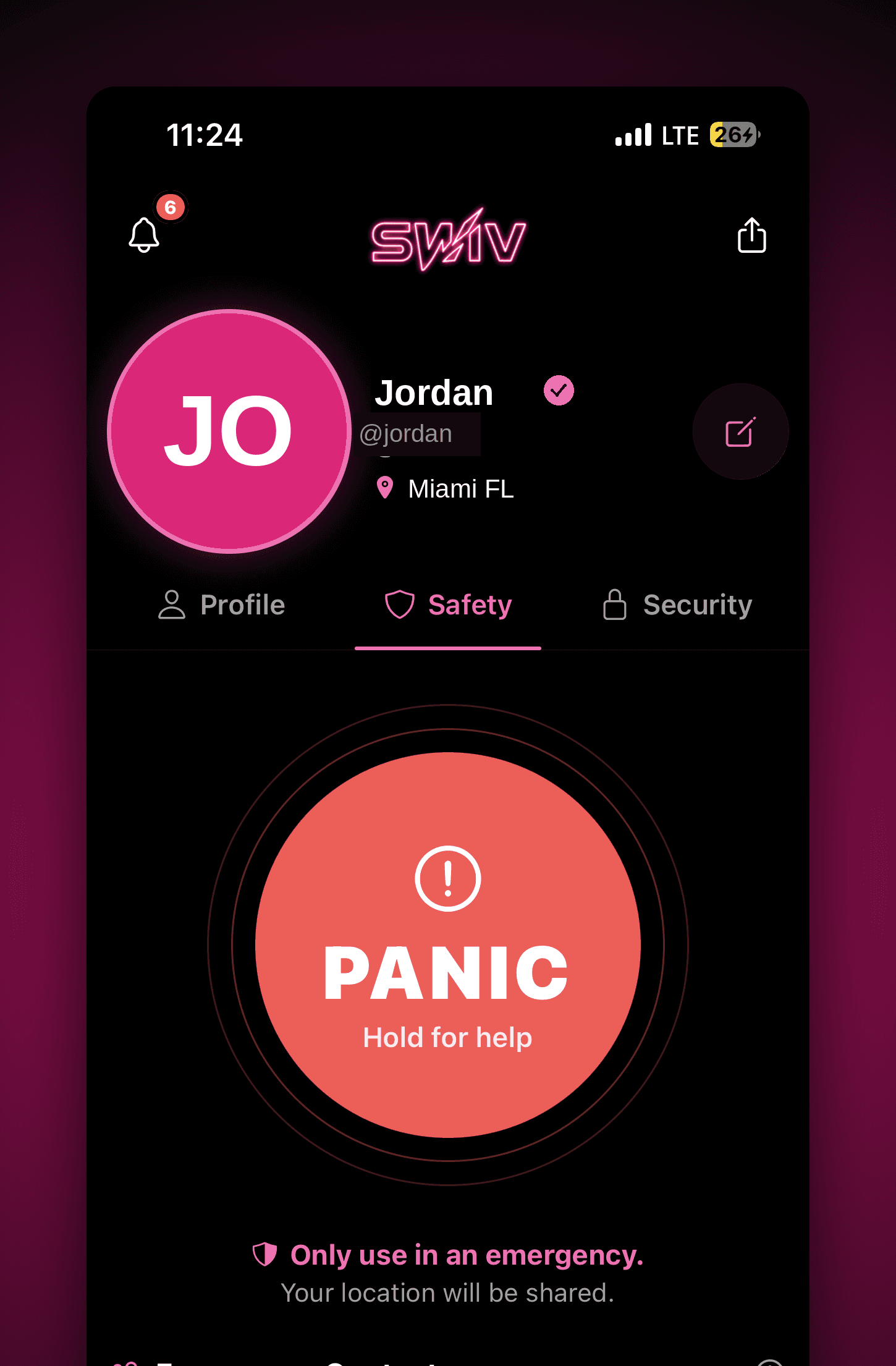 The Swiv app's Safety screen, showing a large PANIC button labelled hold for help, with a note that your location will be shared
